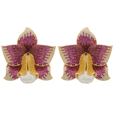 Latelita Women's White / Yellow / Pink Daffodil With Pearl Clip On Earrings Gold Ruby Cz In Multi