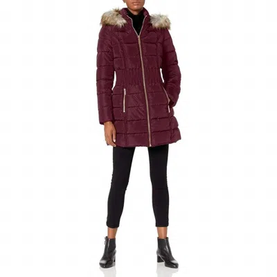 Laundry By Shelli Segal 3/4 Puffer Zig Zag Cinched Waist Faux Fur Trim Hood Jacket In Burgundy