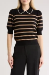 Laundry By Shelli Segal Beaded Collar Sweater In Black/camel Stripe