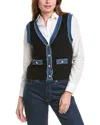 Laundry By Shelli Segal V-neck Pointelle Denim-trim Sweater Vest In Black