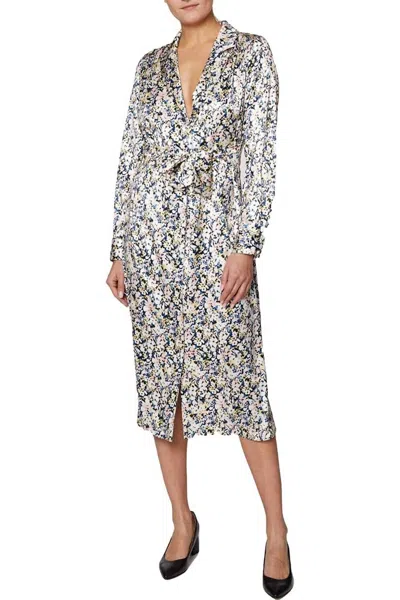 Laundry By Shelli Segal Collared Long Sleeve Tie Waist Floral Print Satin Dress In Multi