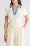 Laundry By Shelli Segal Contrast Collared Sweater In Marshmallow/denim