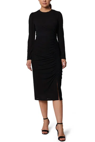Laundry By Shelli Segal Crew Neck Long Sleeve Ruched Side Slit Dress In Black