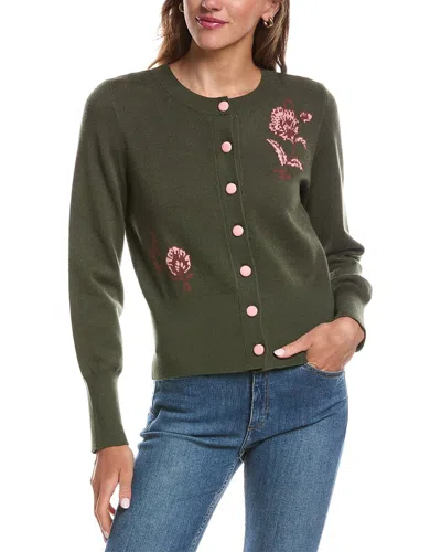 Laundry By Shelli Segal Crewneck Ribbed Hem Cardigan In Green