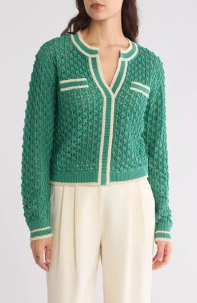 Laundry By Shelli Segal Crochet Stitch Knit V-neck Sweater In Green