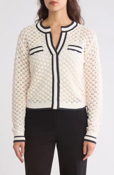 Laundry By Shelli Segal Crochet Stitch Knit V-neck Sweater In Natural