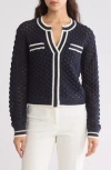 Laundry By Shelli Segal Crochet Stitch Knit V-neck Sweater In Navy