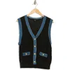 Laundry By Shelli Segal V-neck Pointelle Denim-trim Sweater Vest In Black