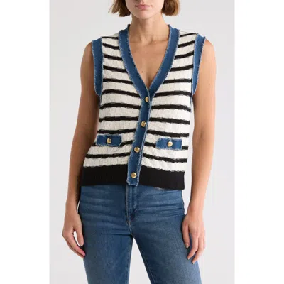 Laundry By Shelli Segal Denim & Knit Sweater Vest In Marshmallow/black Stripe