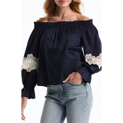 Laundry By Shelli Segal Embroidered Off-the-shoulder Long Sleeve Top In Blue