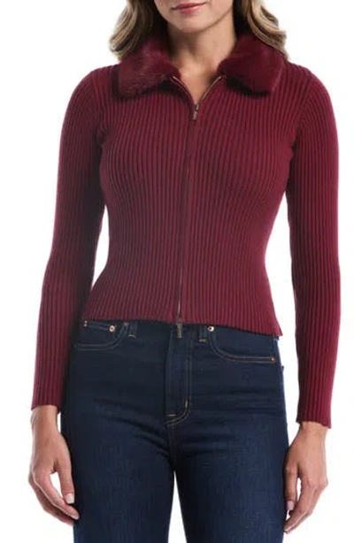 Laundry By Shelli Segal Faux Fur Collar Crop Zip Cardigan In Pomergrante