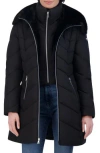 Laundry By Shelli Segal Faux Fur Trim Bibbed Puffer Jacket In Black