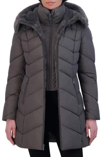 Laundry By Shelli Segal Faux Fur Trim Bibbed Puffer Jacket In Storm Grey