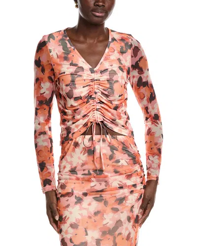 Laundry By Shelli Segal Floral Printed Ruched Mesh Top In Orange