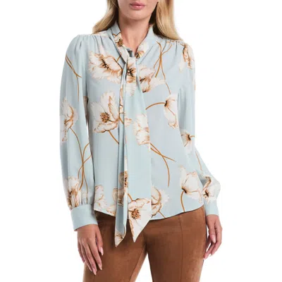 Laundry By Shelli Segal Floral Tie Neck Shirt In Blue