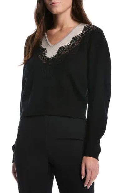 Laundry By Shelli Segal Lace Trim V-neck Sweater In Black