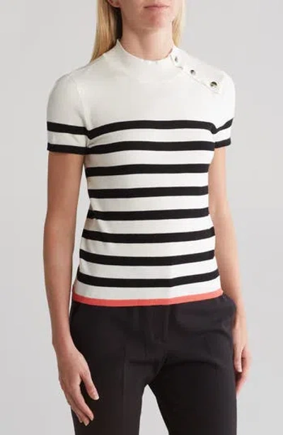 Laundry By Shelli Segal Mock Neck Button Sleeve Jersey Sweater In White/black Stripe