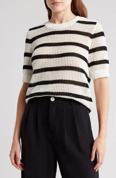 Laundry By Shelli Segal Open Weave Stripe Short Sleeve Sweater In Marshmallow/black
