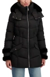 Laundry By Shelli Segal Petal Faux Fur Trim Hooded Puffer Jacket In Black
