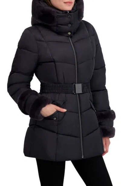 Laundry By Shelli Segal Petal Faux Fur Trim Hooded Puffer Jacket In Black