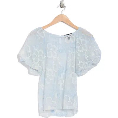Laundry By Shelli Segal Puff Sleeve Embroidered Mesh Top In Baby Blue