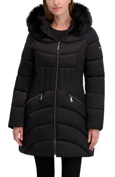 Laundry By Shelli Segal Puffer Jacket With Faux Fur Trim Hood In Black