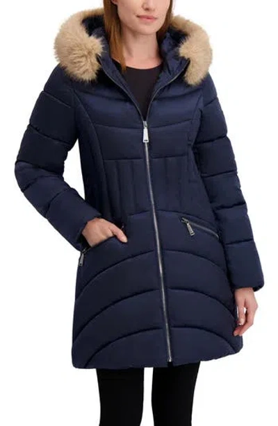 Laundry By Shelli Segal Puffer Jacket With Faux Fur Trim Hood In Blue