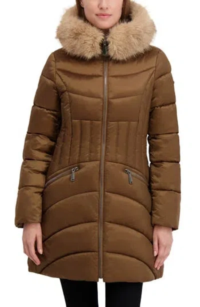 Laundry By Shelli Segal Puffer Jacket With Faux Fur Trim Hood In Brown