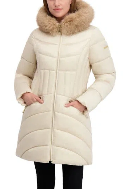 Laundry By Shelli Segal Puffer Jacket With Faux Fur Trim Hood In Neutral