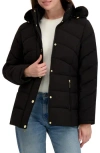 Laundry By Shelli Segal Short Puffer With Faux Fur Trim Hood In Black