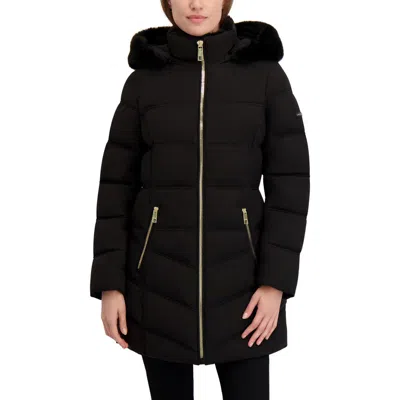 Laundry By Shelli Segal Soft Tech Puffer Jacket With Removable Faux Fur Trim Hood In Black