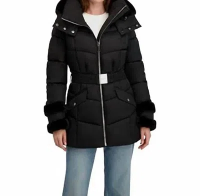 Laundry By Shelli Segal Stretch Quilted Puffer Coat With Faux Fur Trim Puffers In Black
