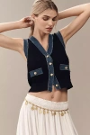 Laundry By Shelli Segal V-neck Pointelle Denim-trim Sweater Vest In Black