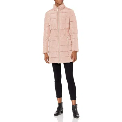 Laundry By Shelli Segal Women 3/4 Puffer Cinched Waist Faux Fur Hood Dusty Pink