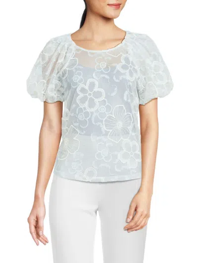 Laundry By Shelli Segal Women's Embroidered Mesh Puff-sleeve Top In Baby Blue