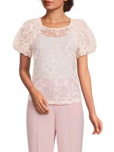 Laundry By Shelli Segal Women's Embroidered Mesh Puff-sleeve Top In Baby Pink