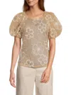 Laundry By Shelli Segal Women's Embroidered Mesh Puff-sleeve Top In Beige
