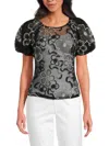 Laundry By Shelli Segal Women's Embroidered Mesh Puff-sleeve Top In Black