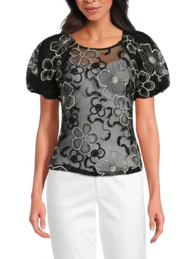 Laundry By Shelli Segal Women's Embroidered Mesh Puff-sleeve Top In Black
