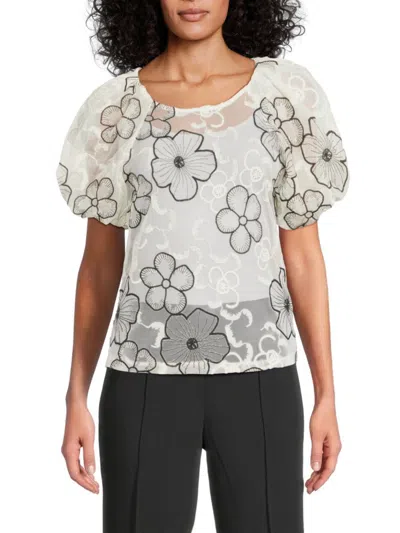 Laundry By Shelli Segal Women's Embroidered Mesh Puff-sleeve Top In Marshmallow