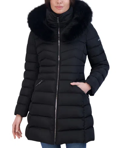 Laundry By Shelli Segal Women's Faux-fur-trim Hooded Puffer Coat In Noir