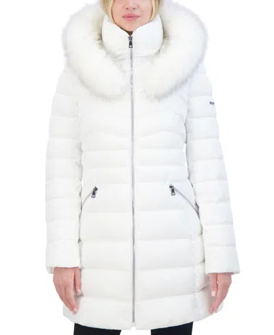 Laundry By Shelli Segal Women's Faux-fur-trim Hooded Puffer Coat In Real White