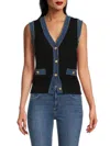 Laundry By Shelli Segal V-neck Pointelle Denim-trim Sweater Vest In Black