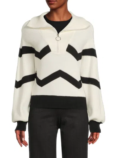 Laundry By Shelli Segal Women's Rib-knit Zip-up Sweater In Marshmallow Black