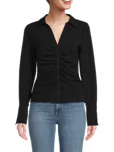 Laundry By Shelli Segal Women's Ruched Collared Satin Shirt In Black