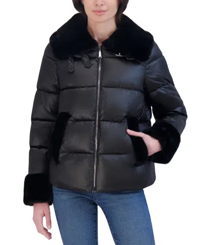 Laundry By Shelli Segal Women's Faux-fur-trim Hooded Puffer Coat In Noir