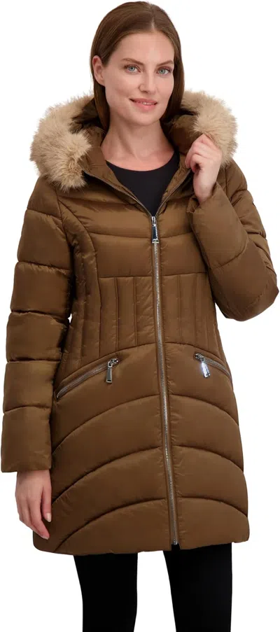 Laundry By Shelli Segal Women's Shine Marshmallow Puffer Coat With Faux Fur Hood, Black In Brown
