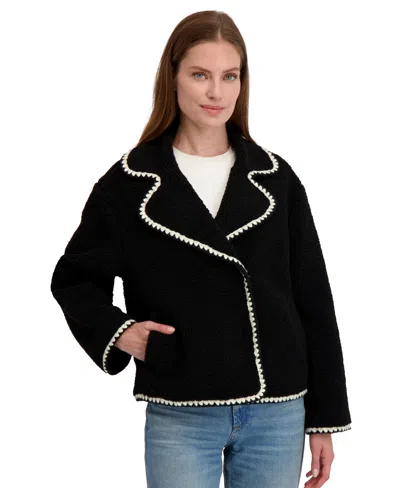 Laundry By Shelli Segal Women's Short Faux Sherpa Jacket With Hidden Snap Closure, Black