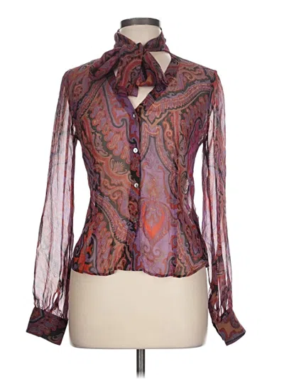 Pre-owned Laundry Long Sleeve Silk Top Purple Paisley Pattern Tie Neck Tops