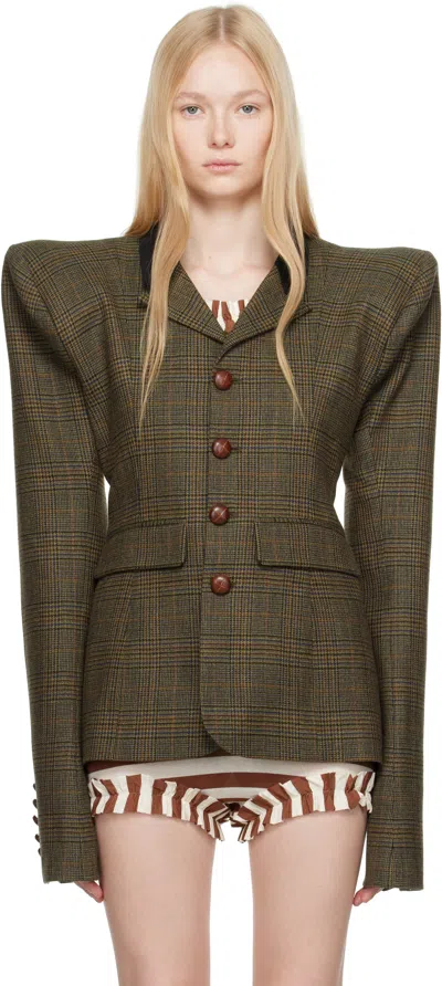 Laura Andraschko Khaki Pagoda Country Side Short Blazer In Beige Tartan